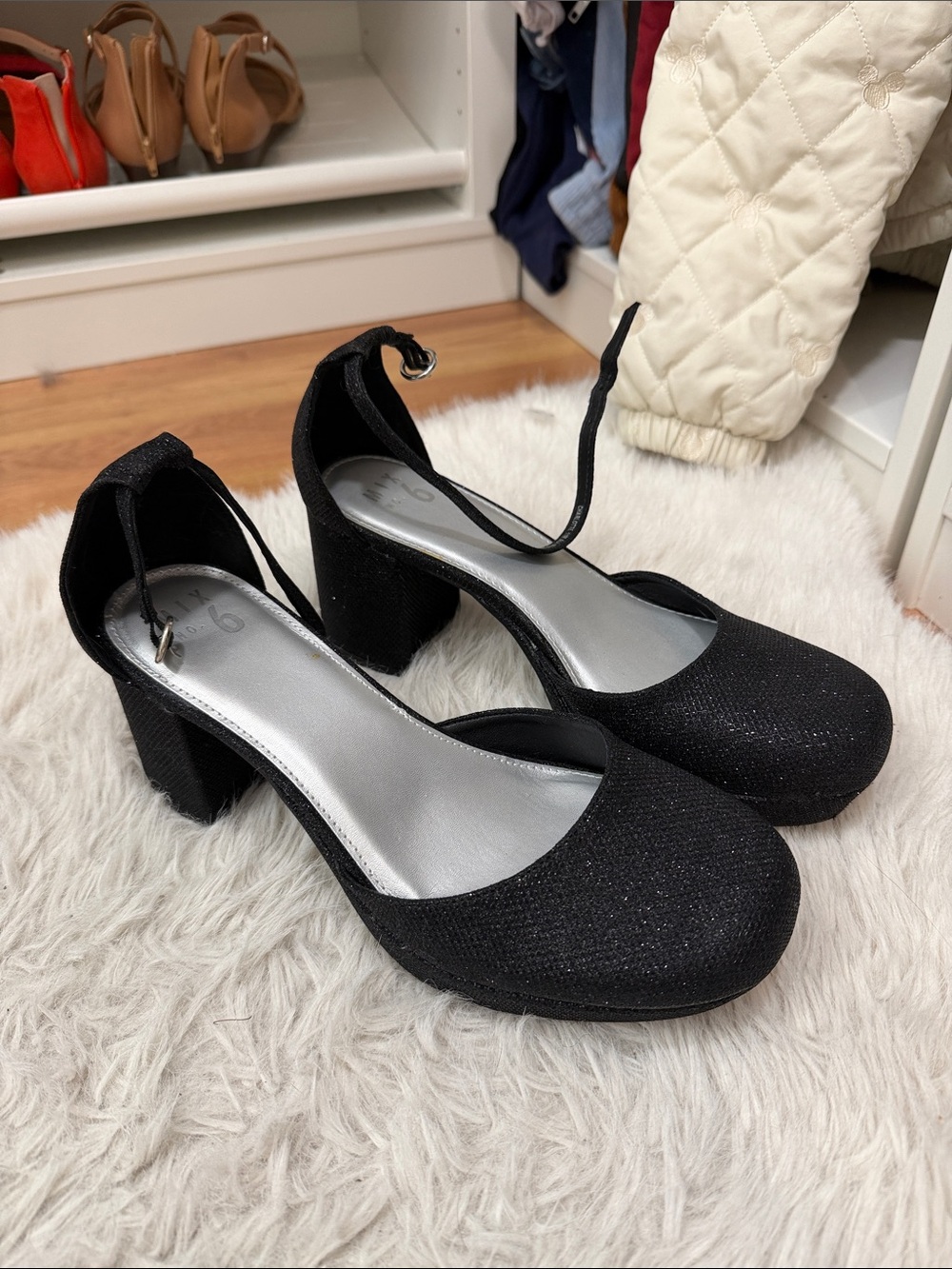 Black Sparkly Chunky Low Heel
